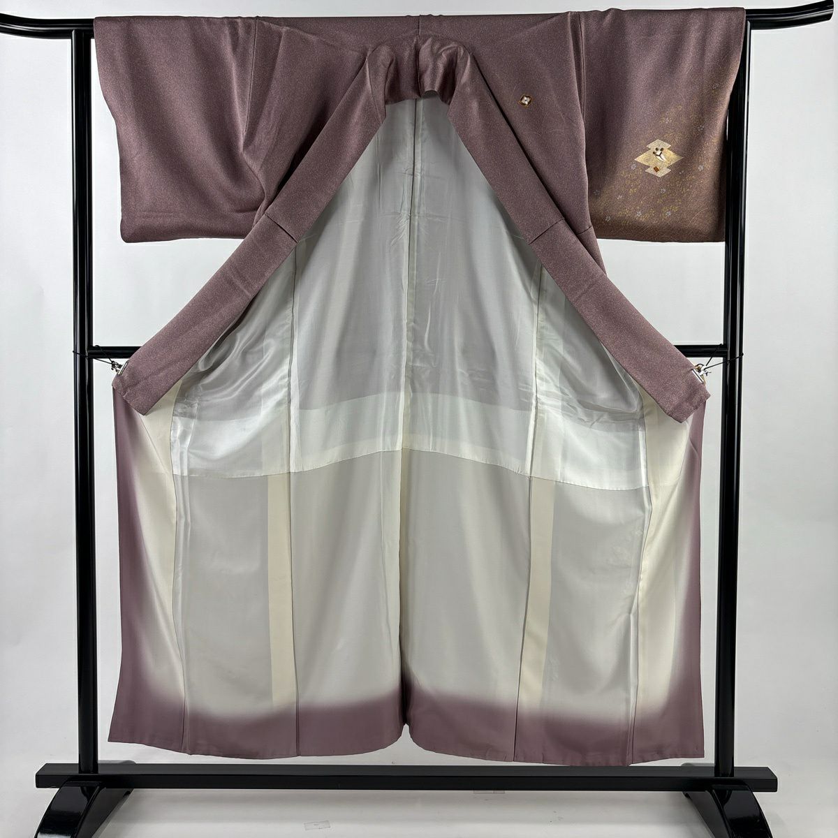 付下 身長155.5cm 袖長64cm M 雙層 寶物滿載 草花紋紋 刺繡 金絲 灰紫 純蠶絲 優品級