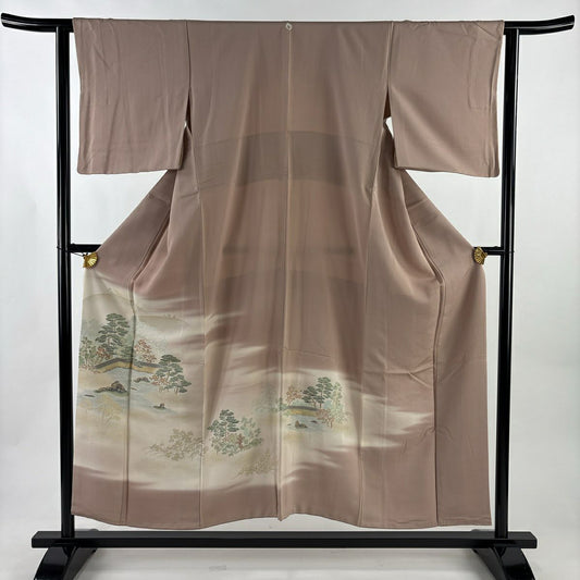 色留袖禮服 身長153cm 袖長62cm S 雙層 枯山水 樹木 金金箔 漸層 淺小豆 純蠶絲 秀品級 一つ紋