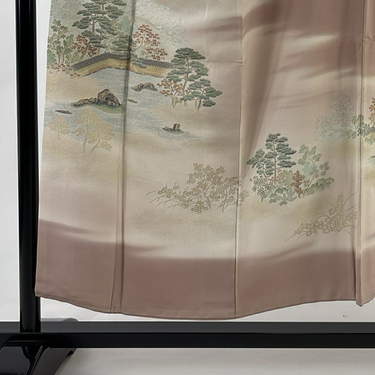 色留袖禮服 身長153cm 袖長62cm S 雙層 枯山水 樹木 金金箔 漸層 淺小豆 純蠶絲 秀品級 一つ紋
