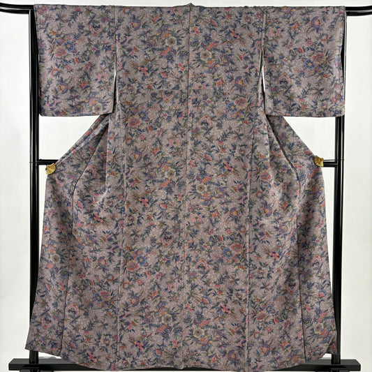 【美品】 小紋 身長158cm 袖長65cm M 雙層 草花紋紋 縮緬 灰紫 純蠶絲 秀品級