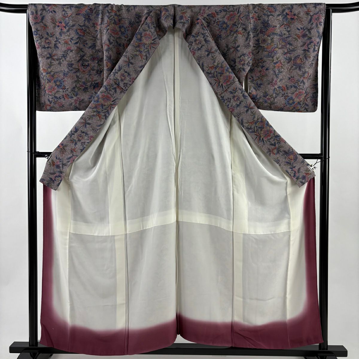 【美品】 小紋 身長158cm 袖長65cm M 雙層 草花紋紋 縮緬 灰紫 純蠶絲 秀品級