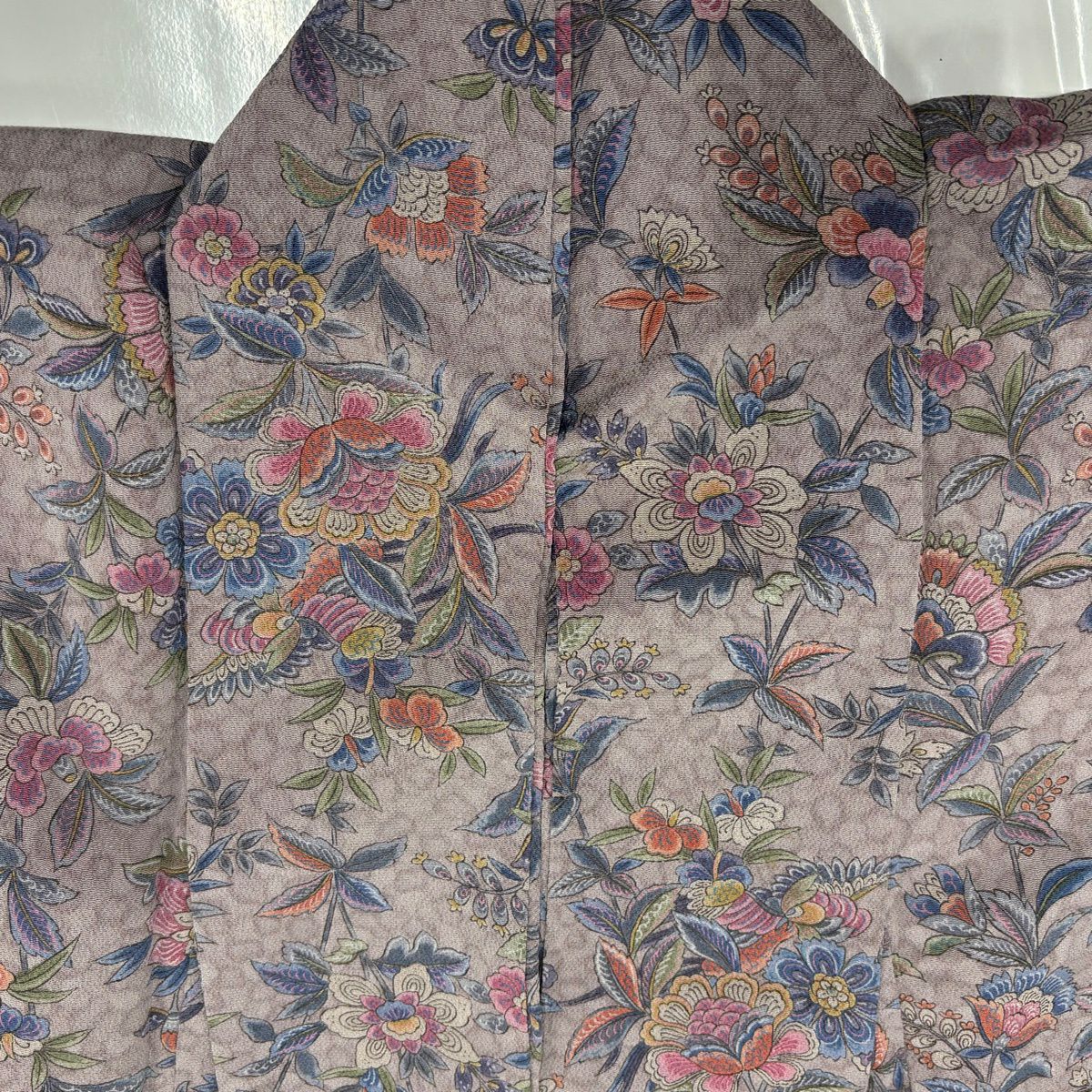 【美品】 小紋 身長158cm 袖長65cm M 雙層 草花紋紋 縮緬 灰紫 純蠶絲 秀品級