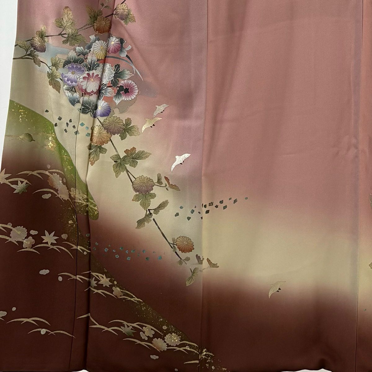 付下 身長156cm 袖長62cm S 雙層 雪輪 菊花 金銀彩 漸層 淺粉色 純蠶絲 優品級