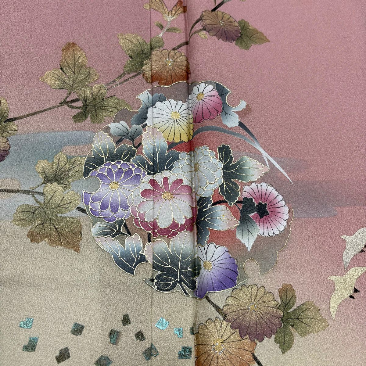 付下 身長156cm 袖長62cm S 雙層 雪輪 菊花 金銀彩 漸層 淺粉色 純蠶絲 優品級