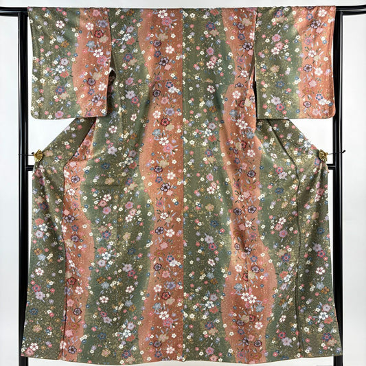 【美品】 小紋 身長152.5cm 袖長64cm M 雙層 樱花 流水 金彩裝飾 染分 灰綠 純蠶絲 秀品級