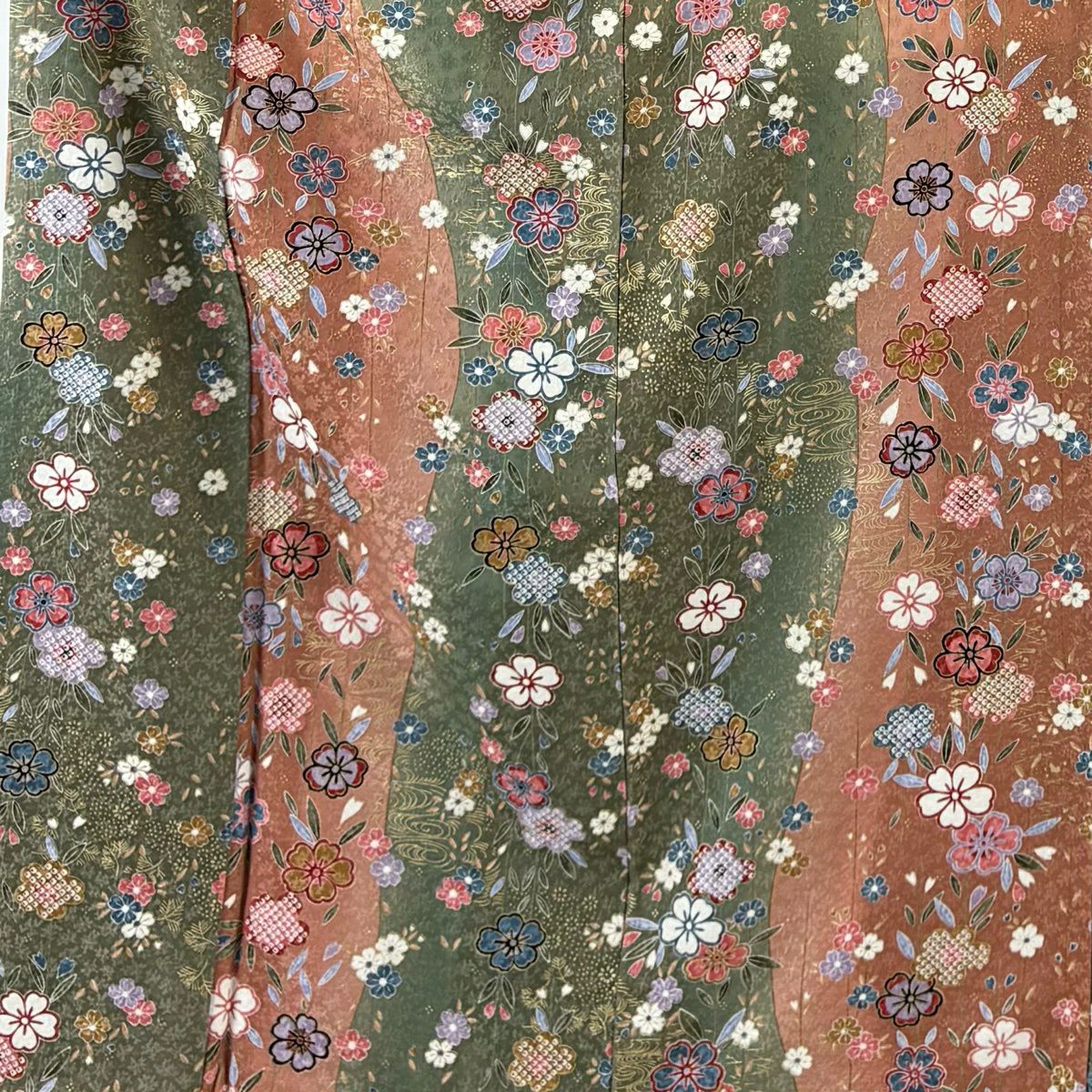 【美品】 小紋 身長152.5cm 袖長64cm M 雙層 樱花 流水 金彩裝飾 染分 灰綠 純蠶絲 秀品級