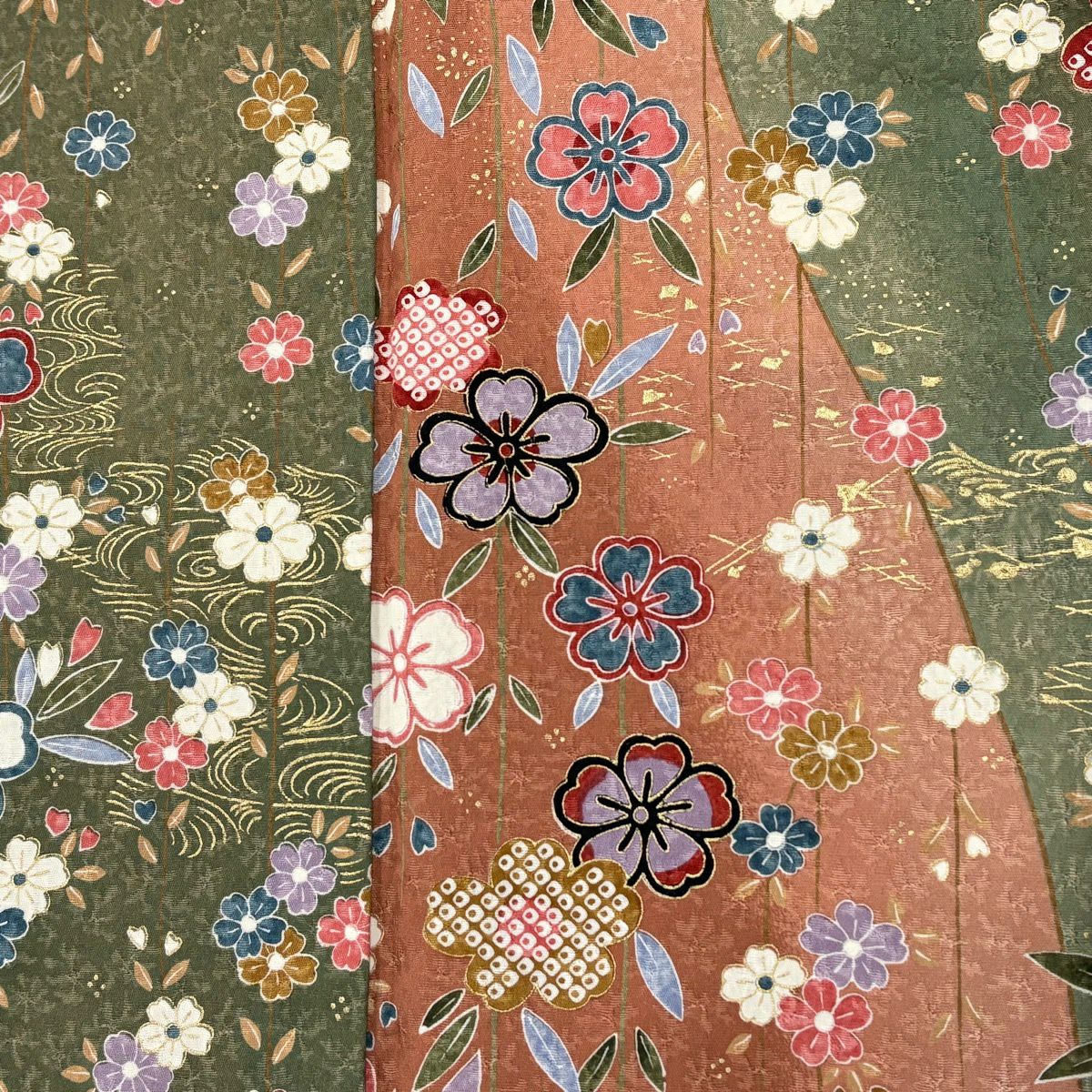 【美品】 小紋 身長152.5cm 袖長64cm M 雙層 樱花 流水 金彩裝飾 染分 灰綠 純蠶絲 秀品級