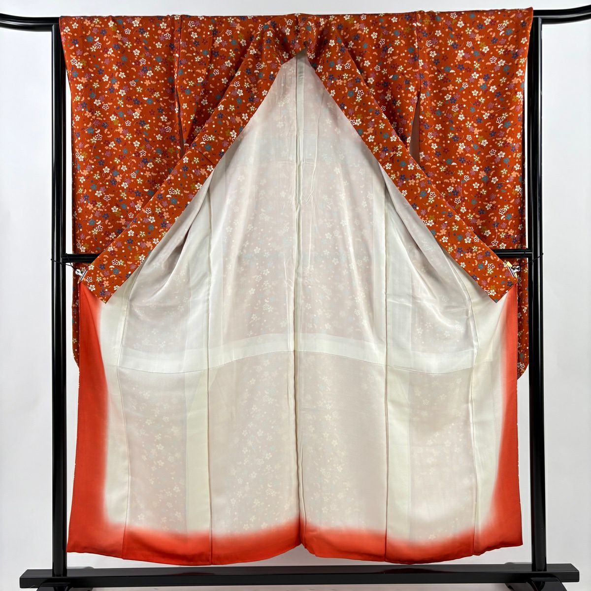 【美品】振袖禮服 身長156cm 袖長65.5cm M 雙層 花丸紋 疋田紋 金銀彩 橙色 純蠶絲 秀品級