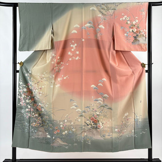 訪問服 身長150cm 袖長62cm S 雙層 落款 菊花 松樹竹子梅花 金銀彩 染分 灰綠 純蠶絲 秀品級