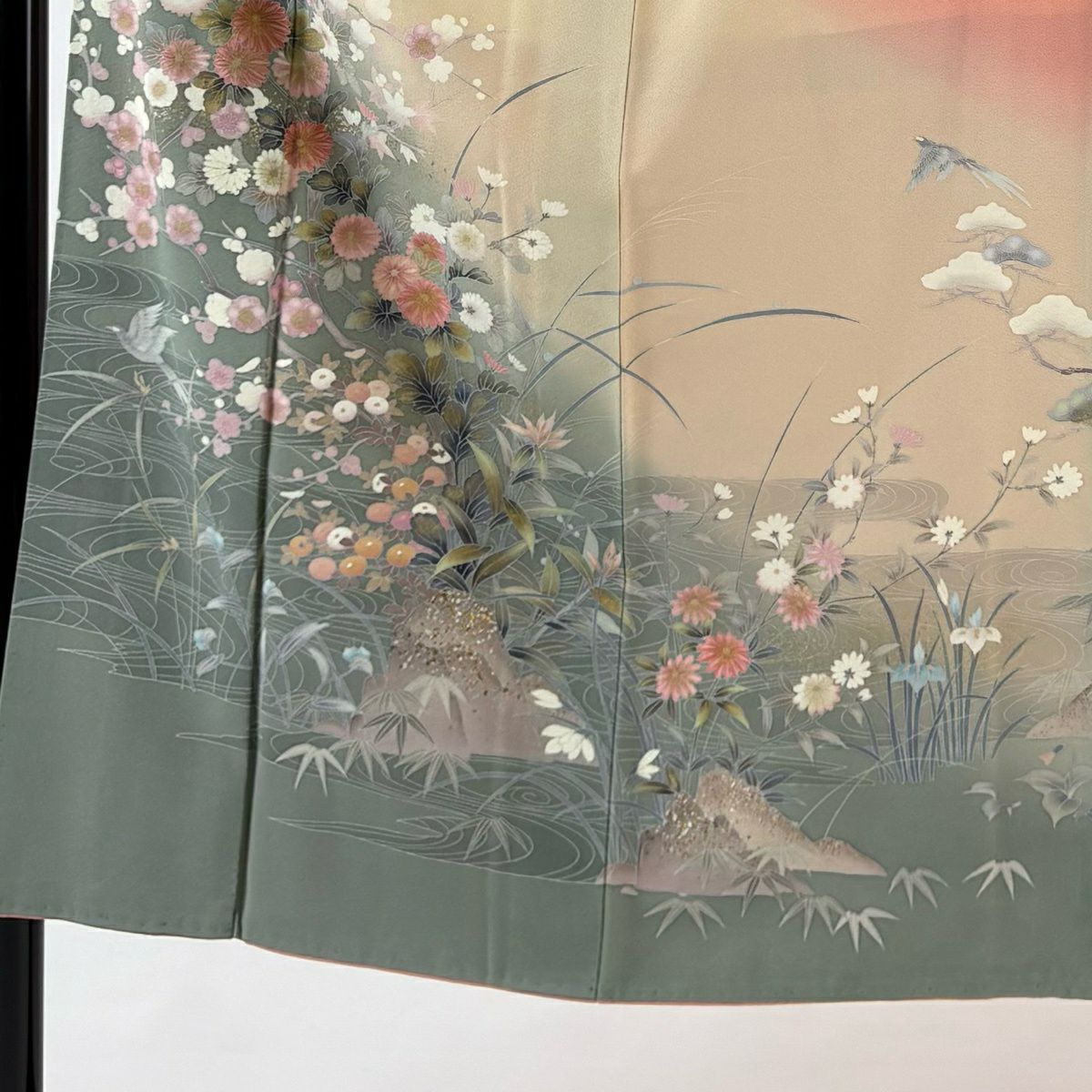 訪問服 身長150cm 袖長62cm S 雙層 落款 菊花 松樹竹子梅花 金銀彩 染分 灰綠 純蠶絲 秀品級