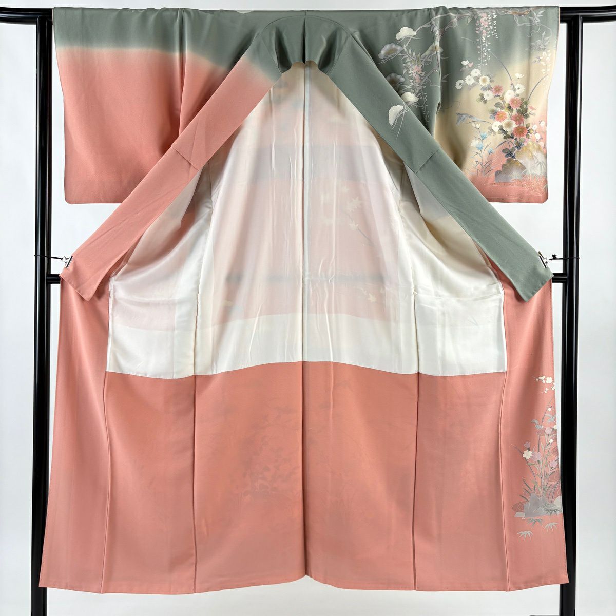 訪問服 身長150cm 袖長62cm S 雙層 落款 菊花 松樹竹子梅花 金銀彩 染分 灰綠 純蠶絲 秀品級