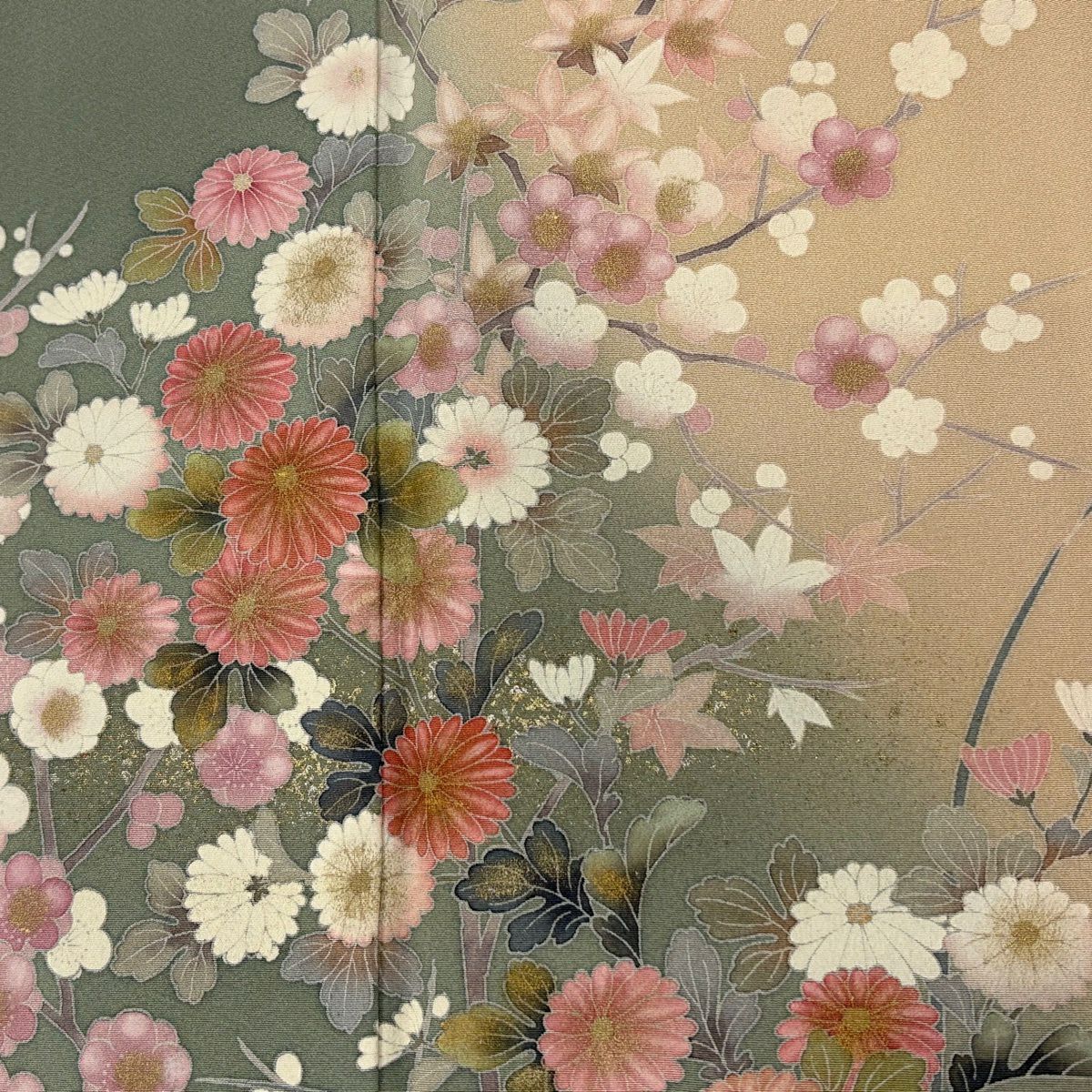 訪問服 身長150cm 袖長62cm S 雙層 落款 菊花 松樹竹子梅花 金銀彩 染分 灰綠 純蠶絲 秀品級