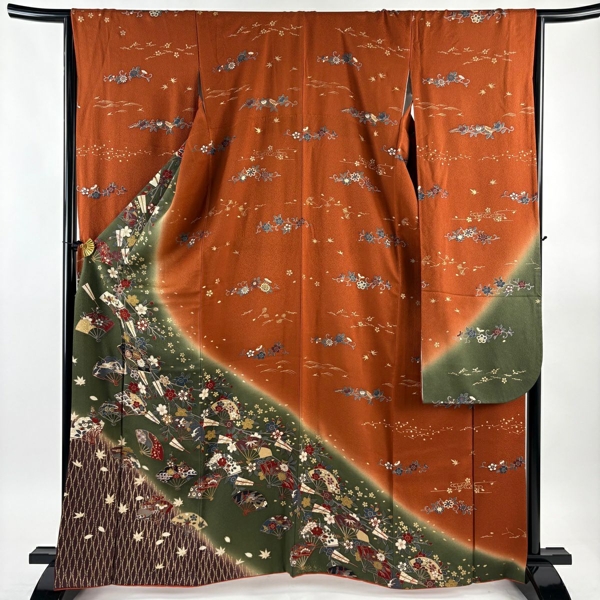 振袖禮服 身長164cm 袖長66.5cm M 雙層 扇子 草花紋 金絲 金銀彩 綠 純蠶絲 秀品級
