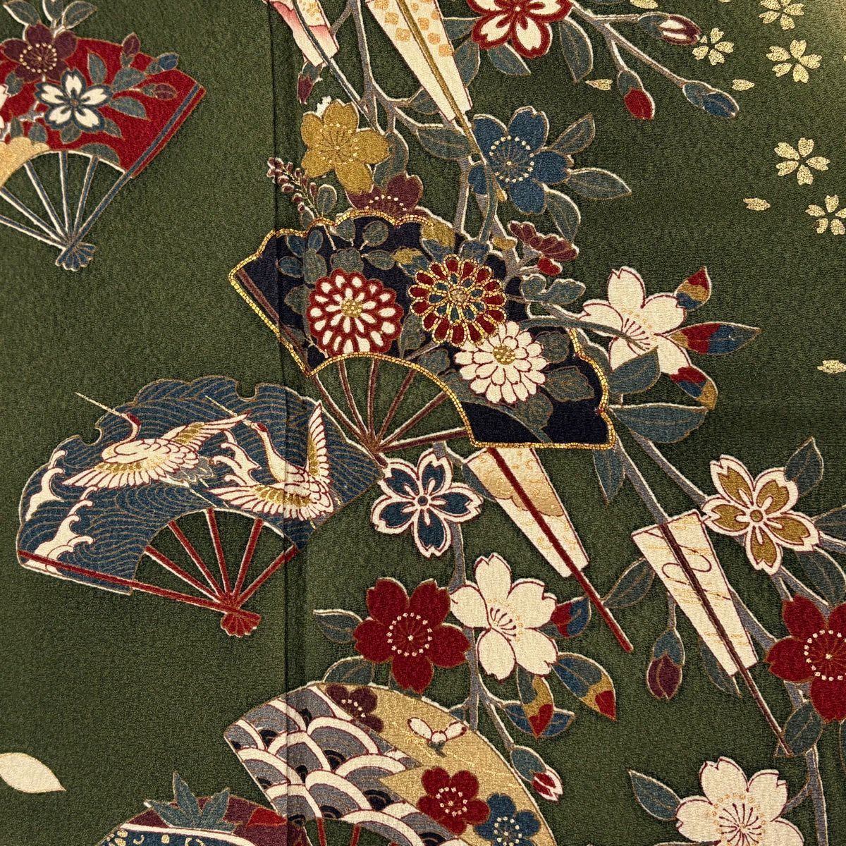 振袖禮服 身長164cm 袖長66.5cm M 雙層 扇子 草花紋 金絲 金銀彩 綠 純蠶絲 秀品級