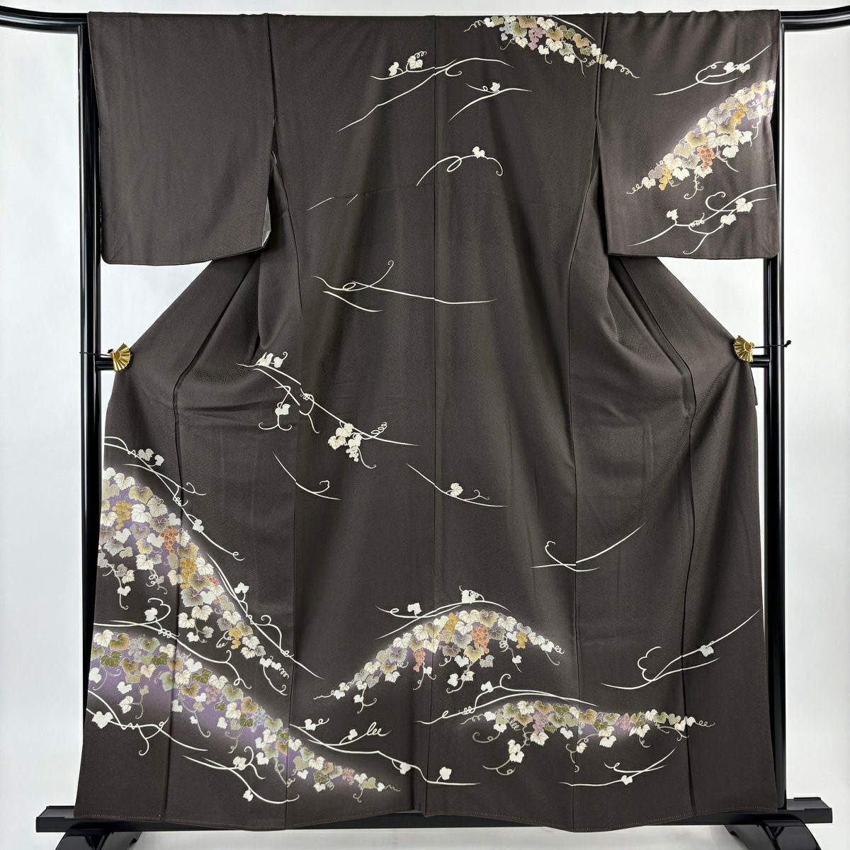 【美品】訪問服 身長158cm 袖長67.5cm L 雙層 葡萄 金絲 金銀彩 茶綠 純蠶絲 秀品級