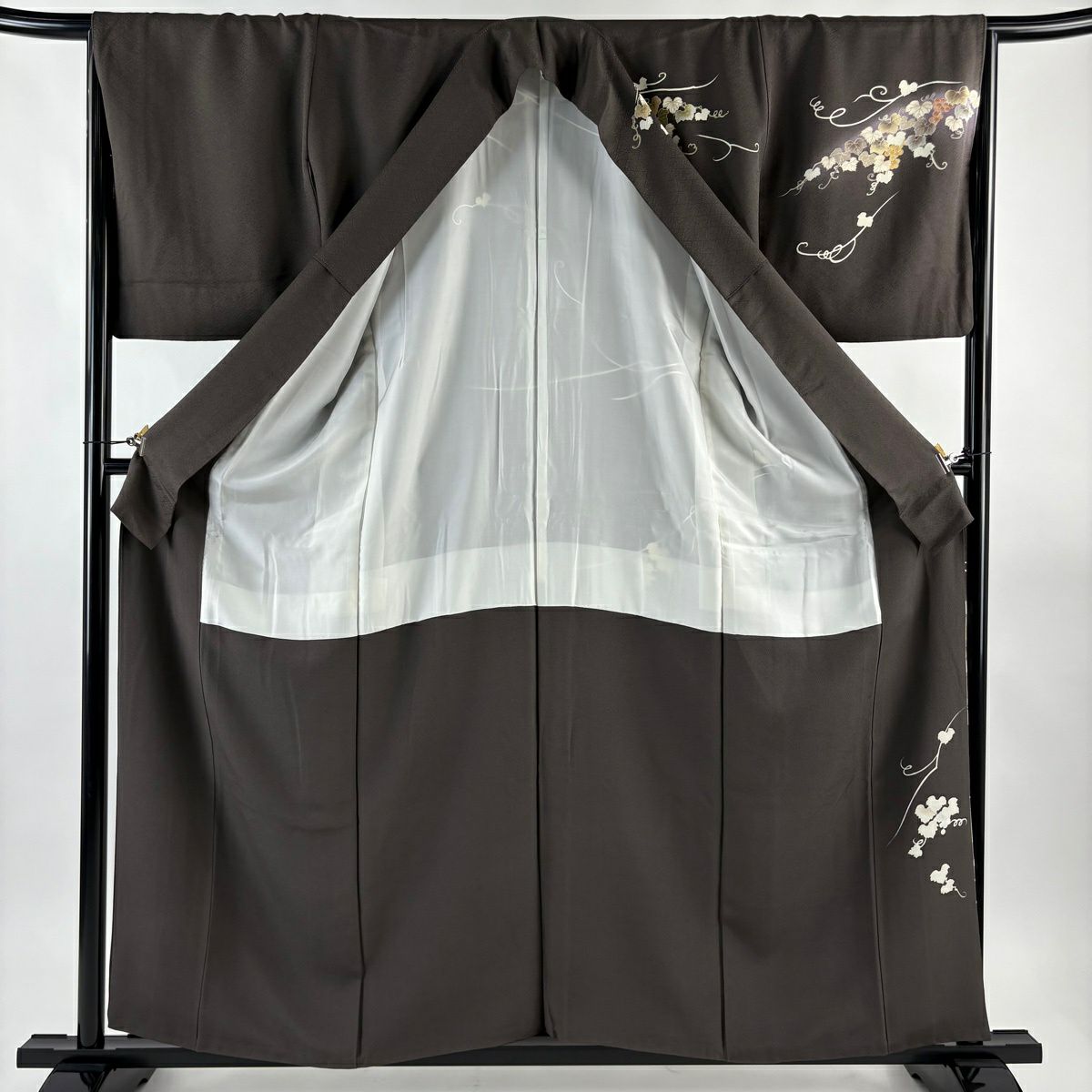【美品】訪問服 身長158cm 袖長67.5cm L 雙層 葡萄 金絲 金銀彩 茶綠 純蠶絲 秀品級