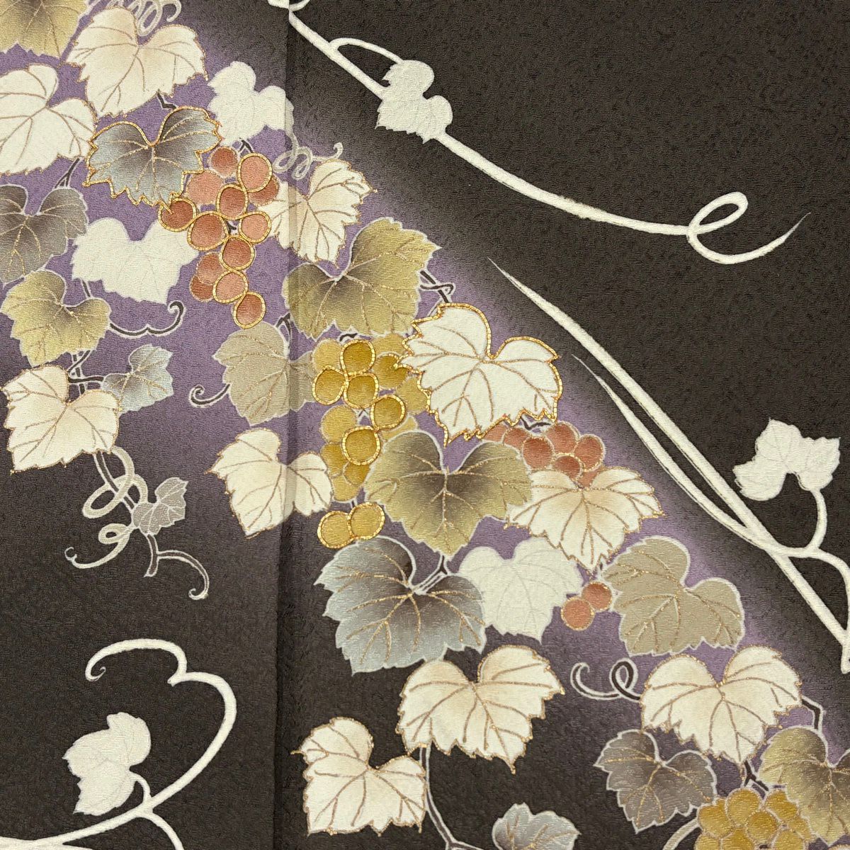 【美品】訪問服 身長158cm 袖長67.5cm L 雙層 葡萄 金絲 金銀彩 茶綠 純蠶絲 秀品級