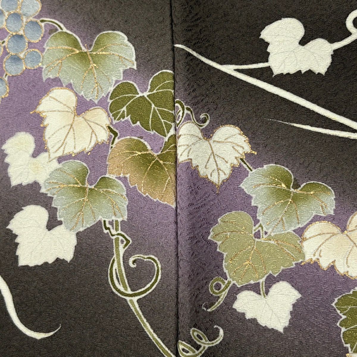 【美品】訪問服 身長158cm 袖長67.5cm L 雙層 葡萄 金絲 金銀彩 茶綠 純蠶絲 秀品級