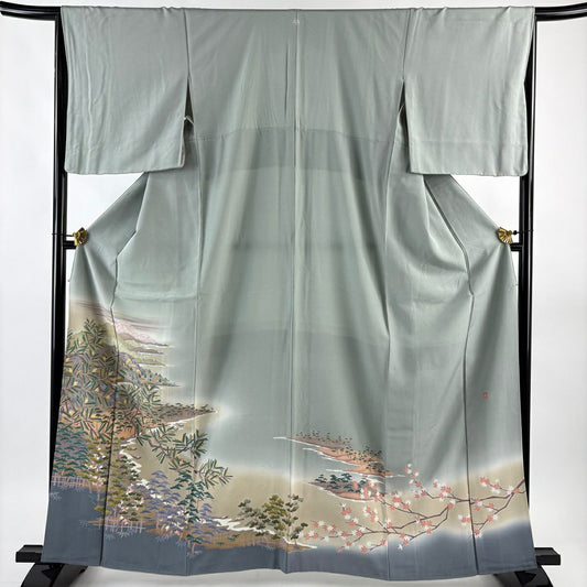 色留袖禮服 身長163cm 袖長66cm M 雙層 落款あり 若松樹 風景 漸層 灰綠 純蠶絲 秀品級 一つ紋