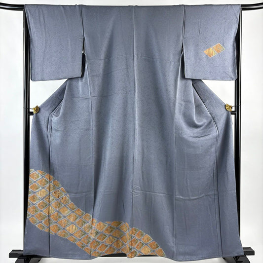 付下 身長160.5cm 袖長65.5cm M 雙層 菱 金金箔 絞染 青灰 純蠶絲 優品級
