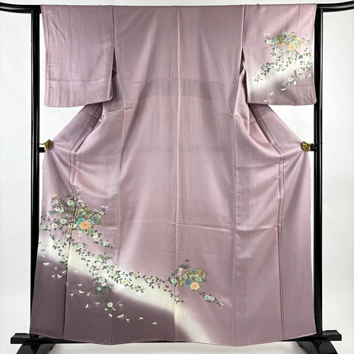 訪問服 身長160.5cm 袖長63.5cm S 雙層 扇子 草花紋紋 螺鈿 金彩裝飾 薄紫 純蠶絲 秀品級