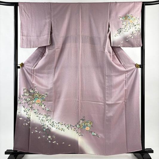訪問服 身長160.5cm 袖長63.5cm S 雙層 扇子 草花紋紋 螺鈿 金彩裝飾 薄紫 純蠶絲 秀品級