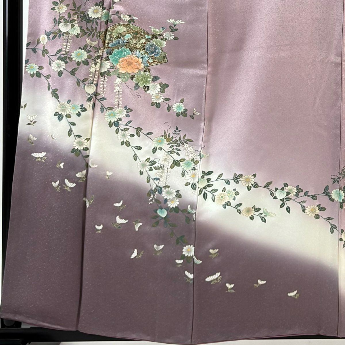訪問服 身長160.5cm 袖長63.5cm S 雙層 扇子 草花紋紋 螺鈿 金彩裝飾 薄紫 純蠶絲 秀品級
