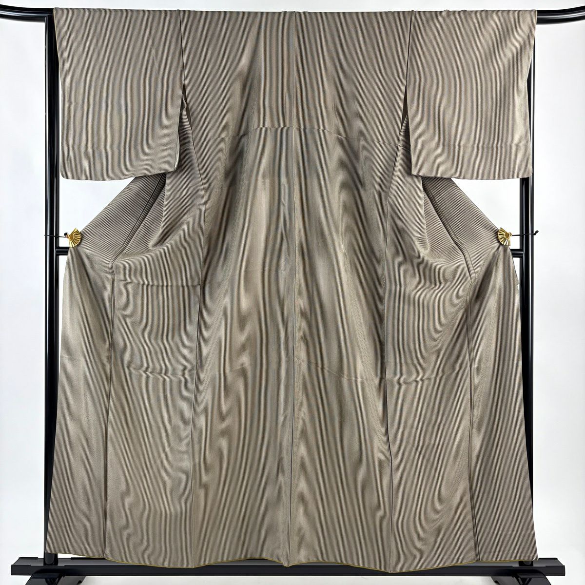 【美品】 小紋 身長156.5cm 袖長66.5cm M 雙層 縱條 灰茶 純蠶絲 秀品級