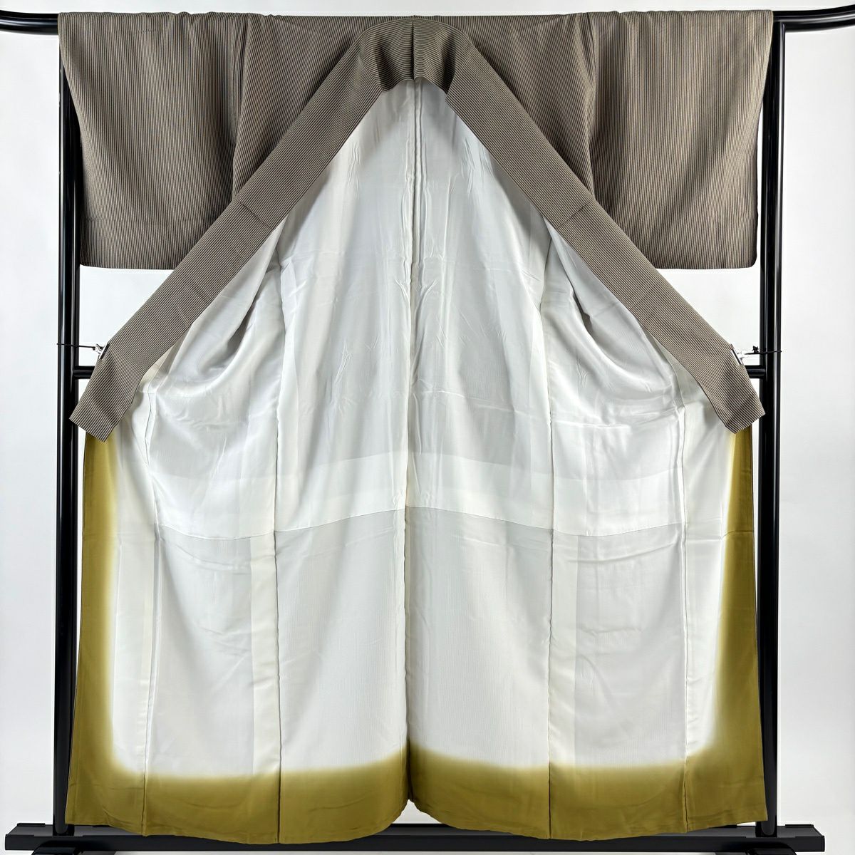 【美品】 小紋 身長156.5cm 袖長66.5cm M 雙層 縱條 灰茶 純蠶絲 秀品級