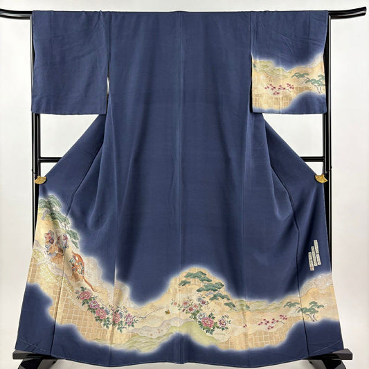 付下 身長160.5cm 袖長66cm M 雙層 樽本伊勢蔵 大和 有落款 連獅子 草花紋 金銀彩 漸層 深藍 純蠶絲 名品級