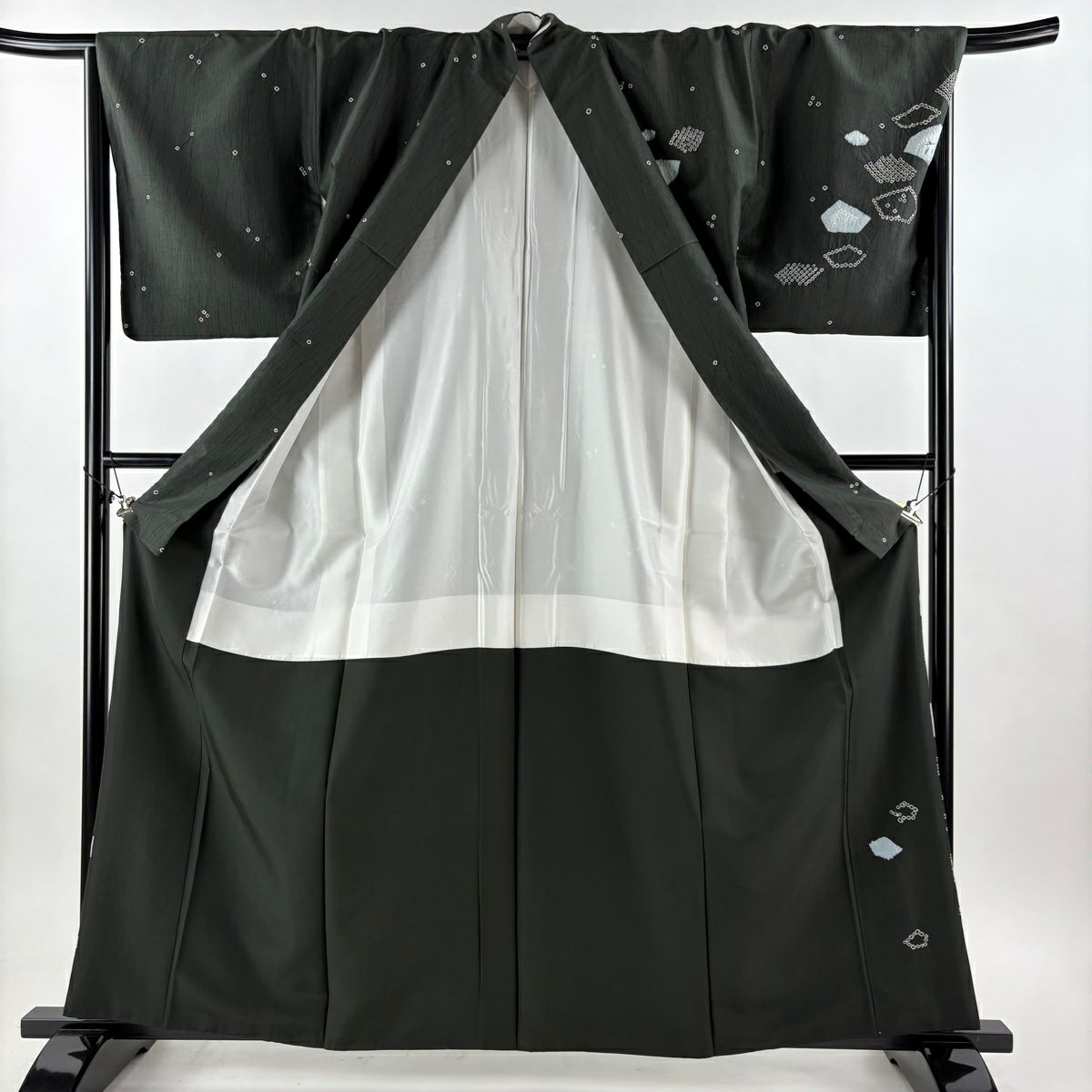 【美品】 付下 身長162.5cm 袖長67cm M 雙層 動物 幾何學 金彩裝飾 絞染 深綠 純蠶絲 名品級