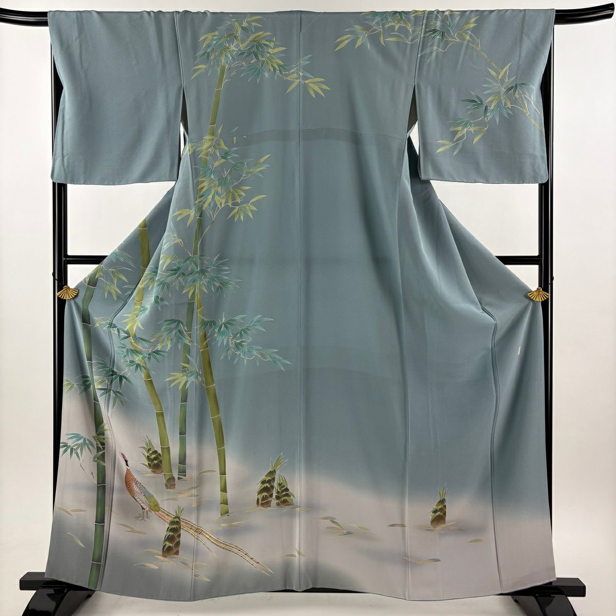 訪問服 身長160.5cm 袖長67cm M 雙層 落款あり 布料 竹子 漸層 青灰色 純蠶絲 名品級