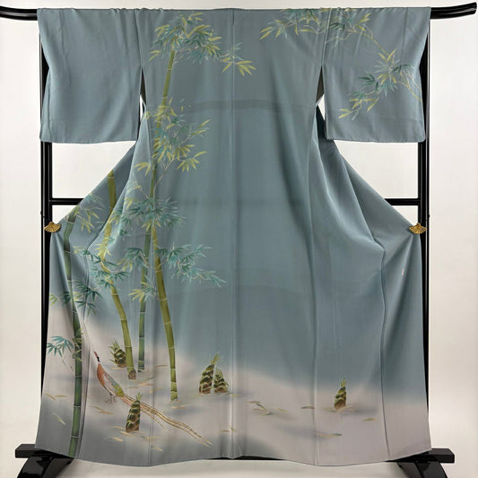 訪問服 身長160.5cm 袖長67cm M 雙層 落款あり 布料 竹子 漸層 青灰色 純蠶絲 名品級