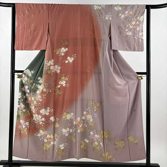 訪問服 身長154cm 袖長63cm S 雙層 附有落款 樱花 金銀彩 漸層 粉米色 純蠶絲 名品級
