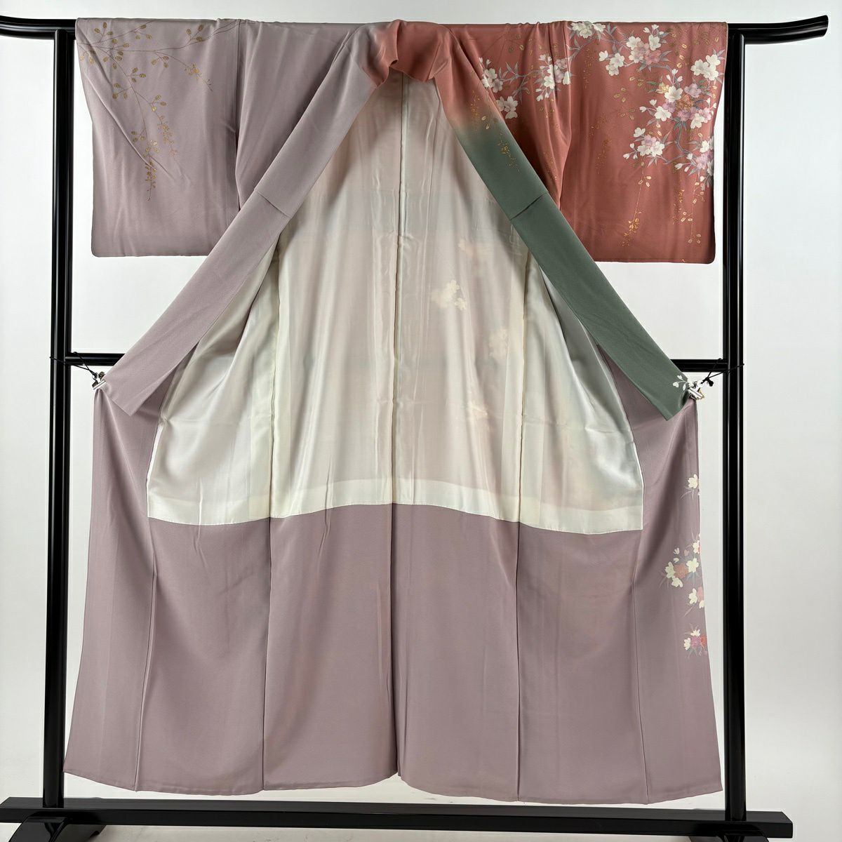 訪問服 身長154cm 袖長63cm S 雙層 附有落款 樱花 金銀彩 漸層 粉米色 純蠶絲 名品級