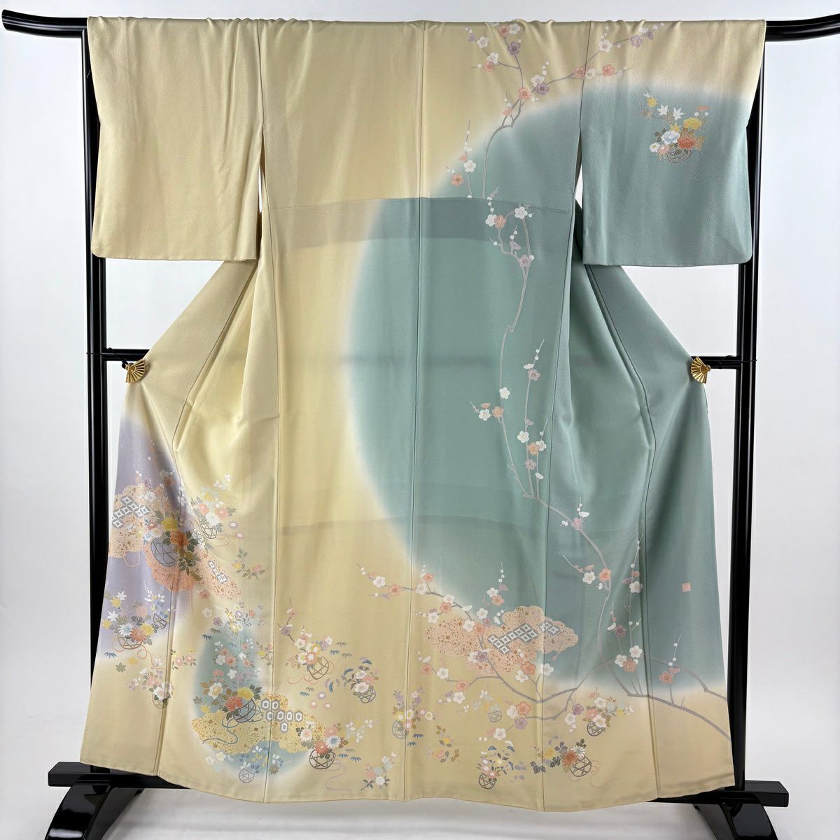訪問服 身長160.5cm 袖長67cm M 雙層 落款 花籠 七寶 金銀彩 漸層 淡黃 純蠶絲 名品級