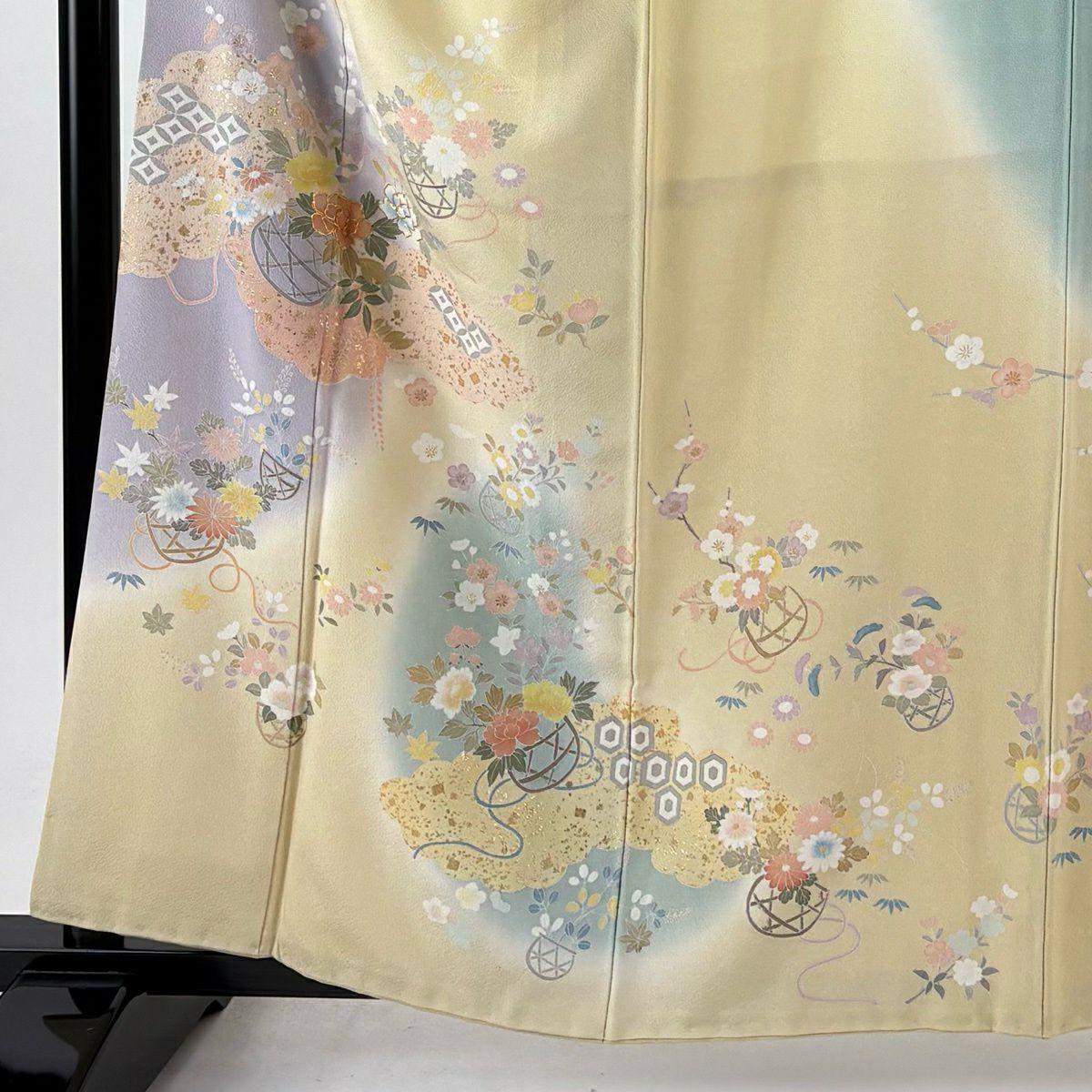 訪問服 身長160.5cm 袖長67cm M 雙層 落款 花籠 七寶 金銀彩 漸層 淡黃 純蠶絲 名品級