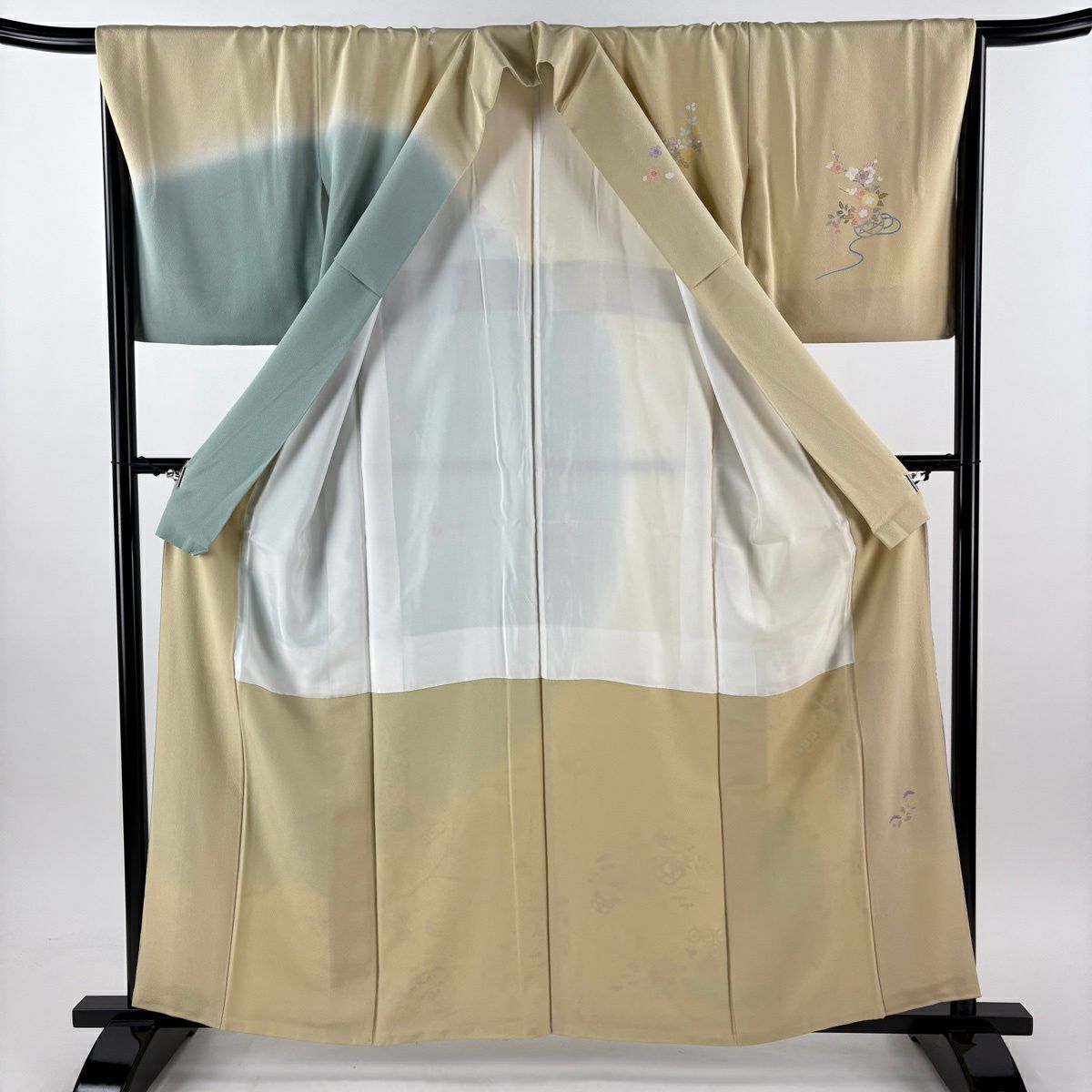 訪問服 身長160.5cm 袖長67cm M 雙層 落款 花籠 七寶 金銀彩 漸層 淡黃 純蠶絲 名品級