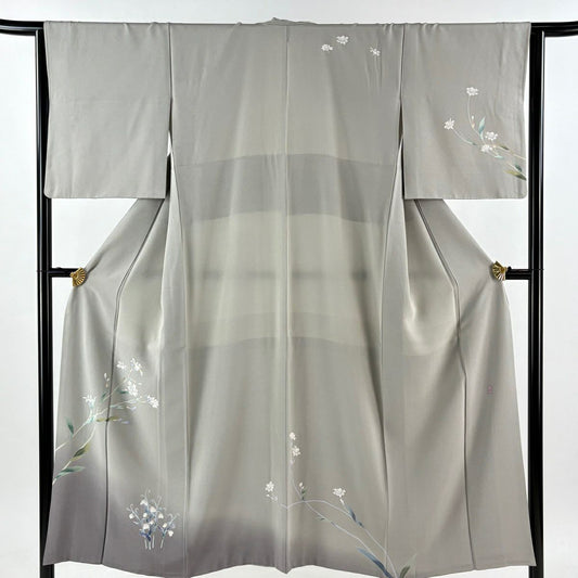 【美品】訪問服 身長150cm 袖長64cm M 雙層 藤舟 落款あり 草花紋紋 染分 ぼかし 灰色 純蠶絲 名品級
