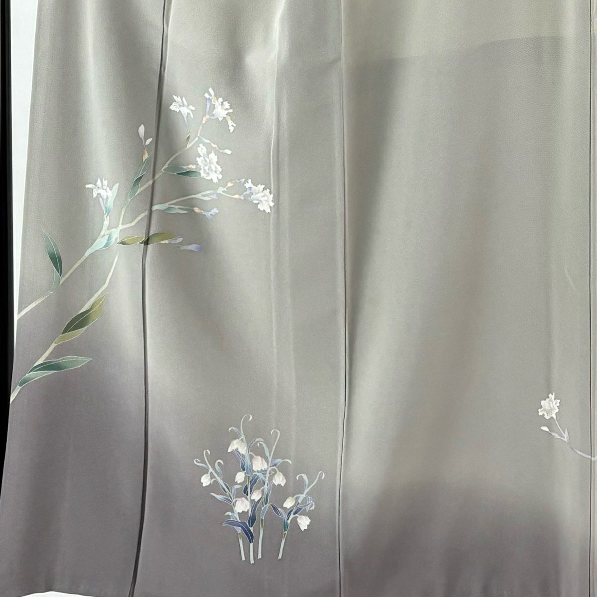 【美品】訪問服 身長150cm 袖長64cm M 雙層 藤舟 落款あり 草花紋紋 染分 ぼかし 灰色 純蠶絲 名品級