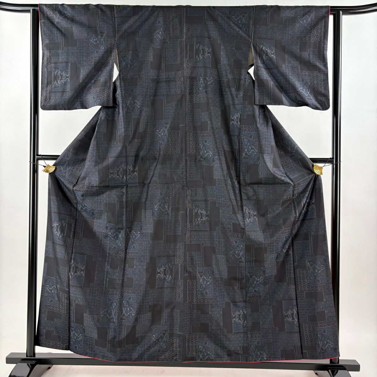 大島紬織 身長158.5cm 袖長62cm S 雙層 證書あり 色紙 樹木 黑 純蠶絲 名品級