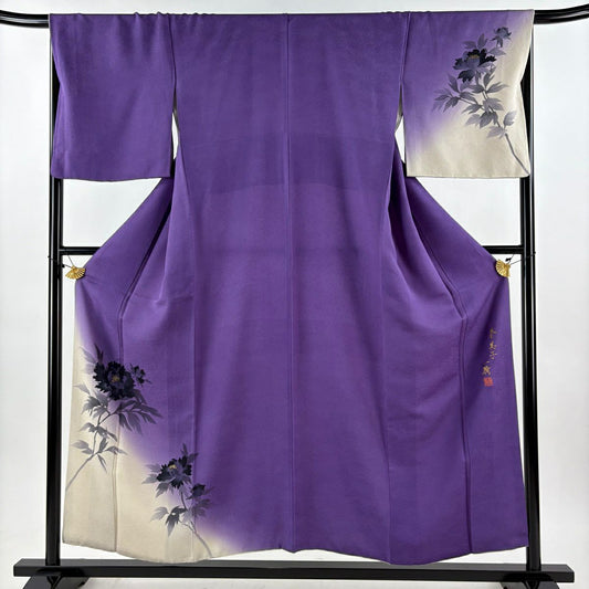 【美品】 付下 身長156cm 袖長68cm L 雙層 草野一騎 落款あり 牡丹 金彩裝飾 染分 紫 純蠶絲 名品級