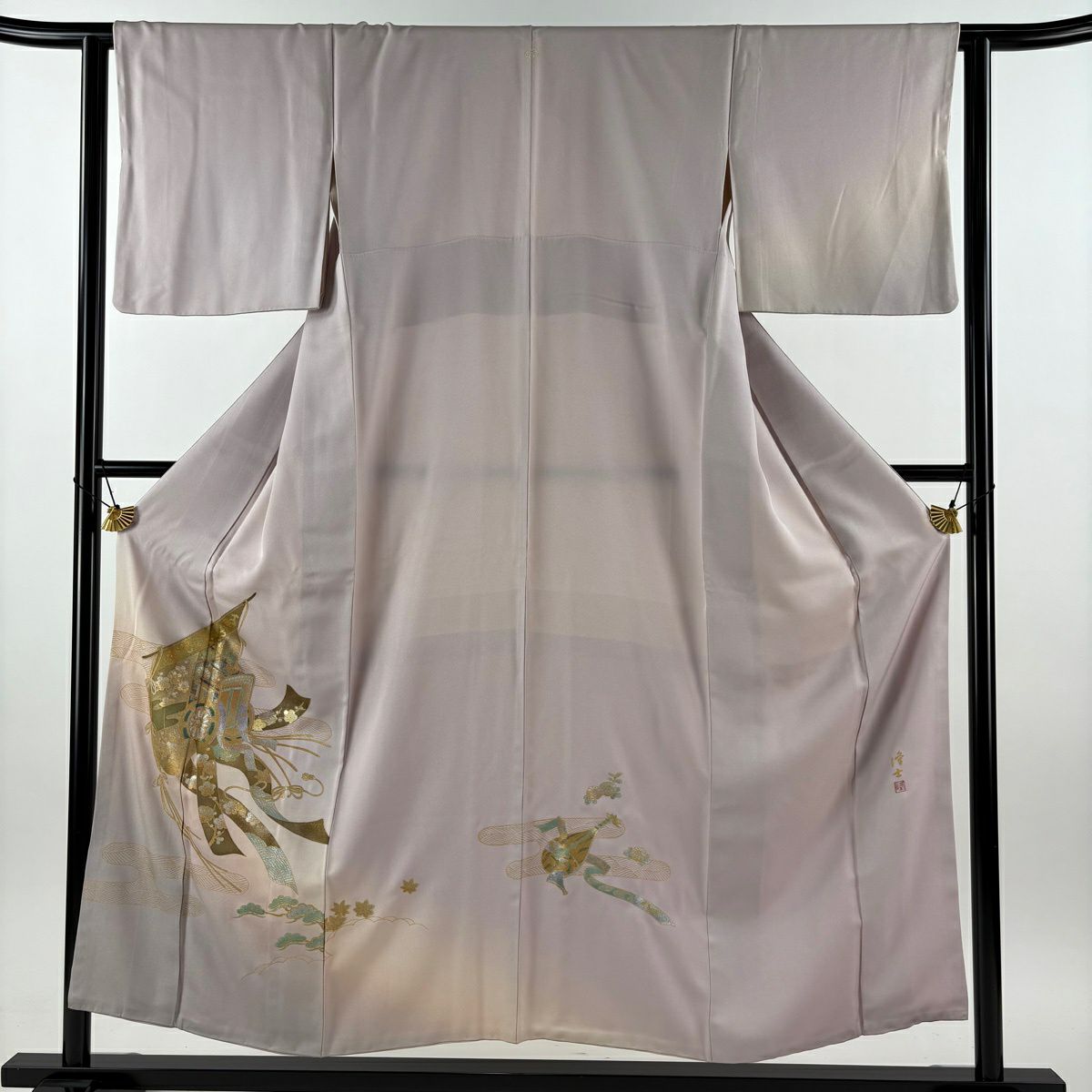 付下 身長154.5cm 袖長63cm S 雙層 藤本隆士 落款あり 幾帳 御所車 金銀彩 螺鈿 淺紫 純蠶絲 名品級 一つ紋