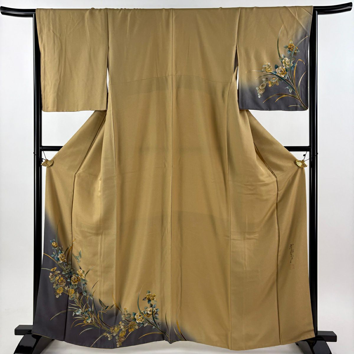 【美品】 付下 身長163cm 袖長65cm M 雙層 斉藤三才 落款あり 薔薇 鳥 金銀彩 染分 黃土 純蠶絲 名品級