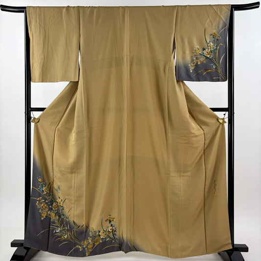 【美品】 付下 身長163cm 袖長65cm M 雙層 斉藤三才 落款あり 薔薇 鳥 金銀彩 染分 黃土 純蠶絲 名品級