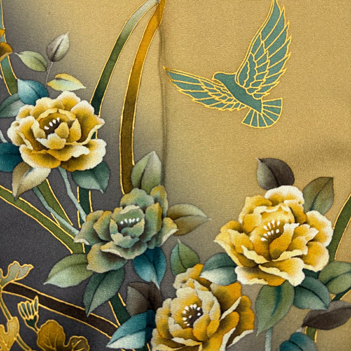 【美品】 付下 身長163cm 袖長65cm M 雙層 斉藤三才 落款あり 薔薇 鳥 金銀彩 染分 黃土 純蠶絲 名品級