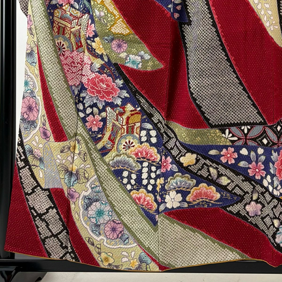 振袖禮服 身長157.5cm 袖長64cm M 雙層 御所車 花鳥 金通し 金銀彩 紅 純蠶絲 名品級