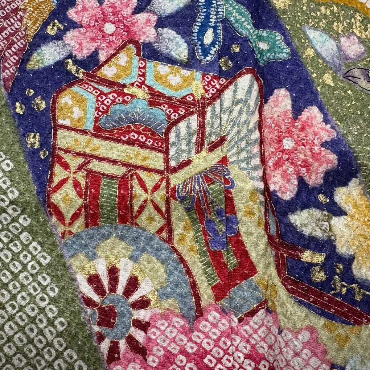 振袖禮服 身長157.5cm 袖長64cm M 雙層 御所車 花鳥 金通し 金銀彩 紅 純蠶絲 名品級
