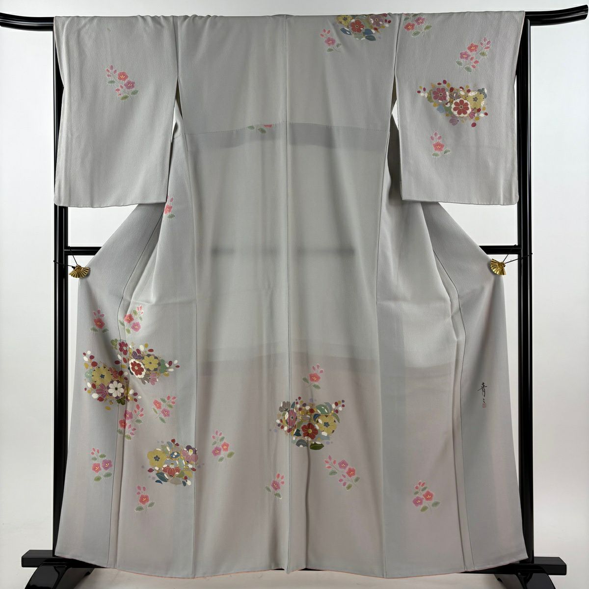 付下 身長160cm 袖長66.5cm M 雙層 松樹井青青 落款 草花紋紋 金彩裝飾 灰色 純蠶絲 名品級