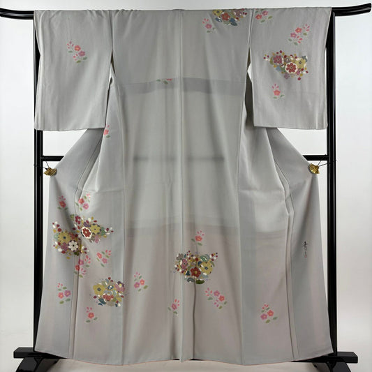 付下 身長160cm 袖長66.5cm M 雙層 松樹井青青 落款 草花紋紋 金彩裝飾 灰色 純蠶絲 名品級